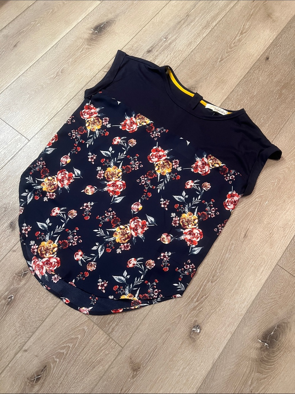 Rewind ~ Navy Floral Cap-Sleeve Blouse with Sheer Bodice, NEW WITH TAGS, Size L